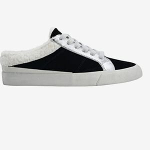 Marc Fisher Miranda Black Suede Silver Faux Sherling Distressed Slip On Sneakers